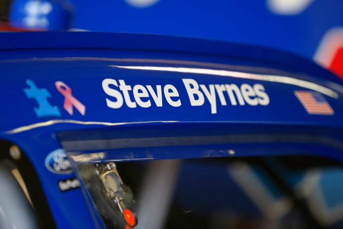 APRIL 09: A decal is seen on the car of Elliott Sadler, driver of the #1 OneMain Financial Ford, in support of Fox broadcaster Steve Byrnes during practice for the NASCAR XFINITY Series O'Reilly Auto Parts 300 at Texas Motor Speedway on April 9, 2015 in Fort Worth, Texas. (Photo by Matt Sullivan/Getty Images for Texas Motor Speedway)